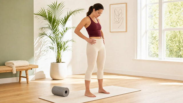 Frau im hellen Yoga-Studio spuert in die Hueftbeuger bei verspanntem Psoas