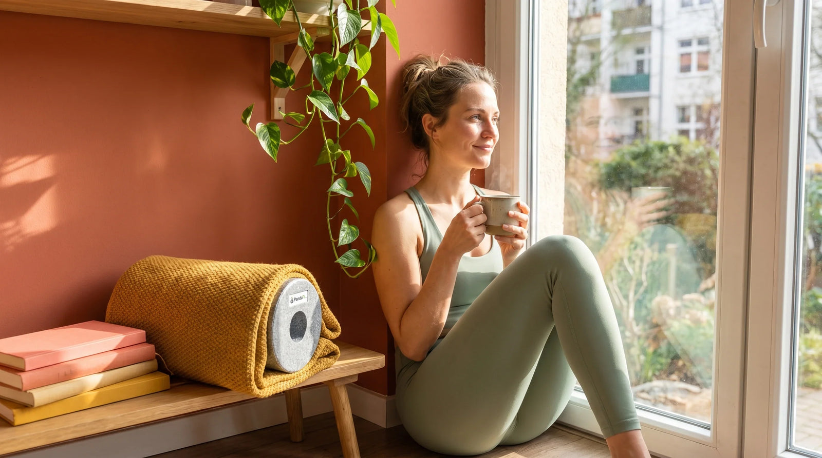 Frau in Wellness-Pause am Fenster mit Kräutertee, Faszienrolle in gelber Yogadecke