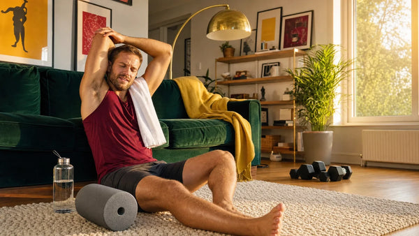 Mann nach intensivem Workout dehnt Trizeps im Wohnzimmer, Faszienrolle und Hanteln daneben