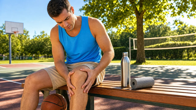 Mann auf Park-Bank am Sportplatz fasst Knie unter der Kniescheibe bei Jumpers Knee