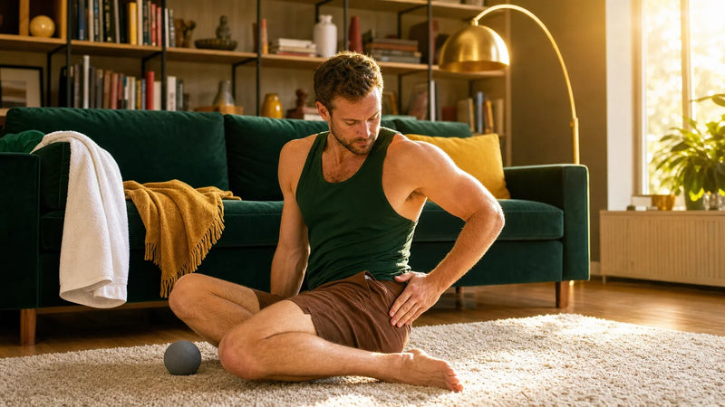 Mann auf Cream-Teppich vor emerald-Sofa fuehlt Spannung im Gesaess bei Piriformis-Syndrom