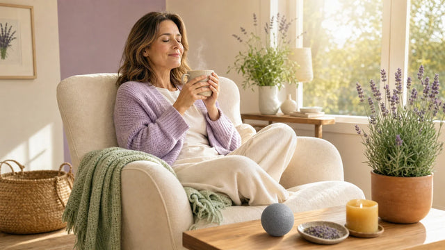 Frau im Lavendel-Cardigan im Sessel mit Tee macht eine Atempause gegen Stressverspannungen