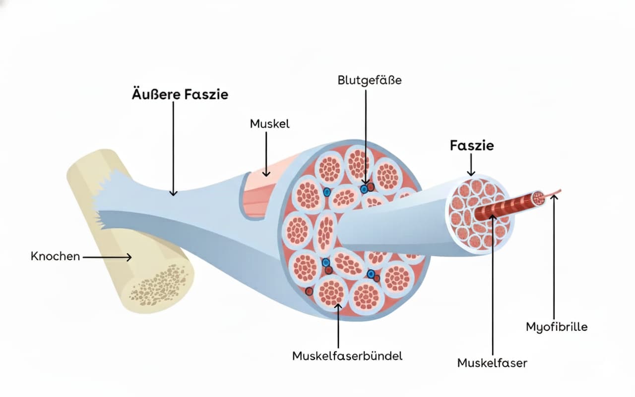 Anatomische Grafik des Muskelaufbaus und der Faszienstruktur im Querschnitt zur Erklärung von Bindegewebe und Verspannungen.