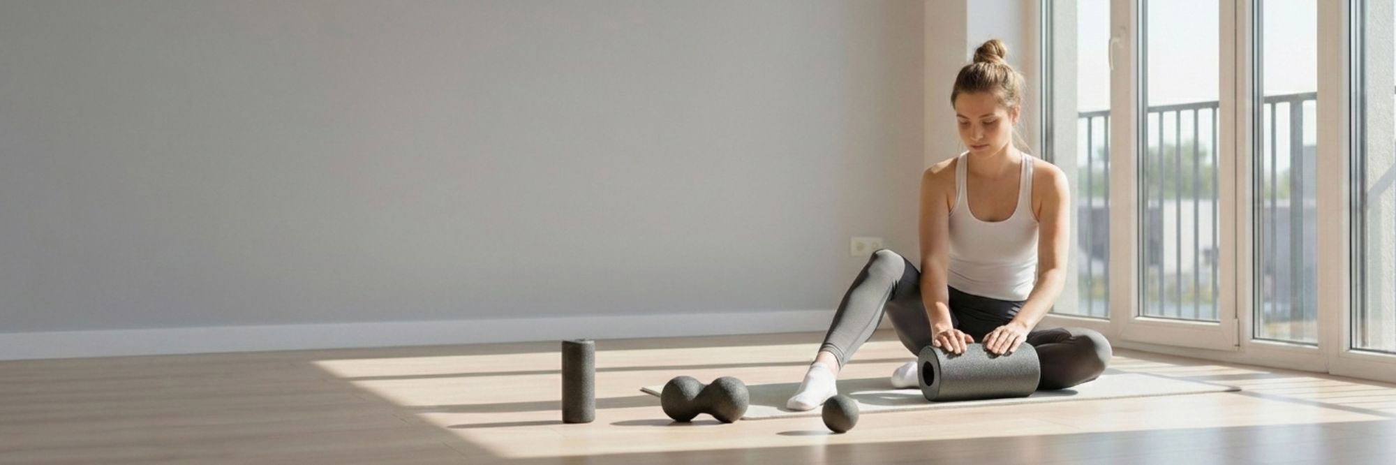 Frau sitzt auf Yogamatte und nutzt schwarze Faszienrolle sowie Massage-Set von Panda Fitness zur Regeneration.