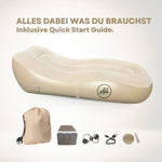 Lieferumfang PandaRelax Air Lounger: Liege, Tragebeutel, Akkupumpe, Ventilaufsätze, USB-C-Kabel, Reparaturset