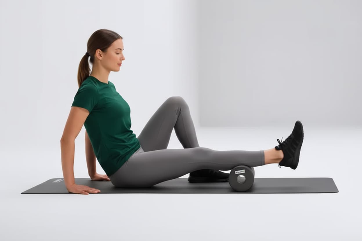 Präzise Faszienübung für die tiefe Wadenmuskulatur mit der PandaFit Faszienrolle 30 – kurze, kontrollierte Bewegung zur Lockerung.