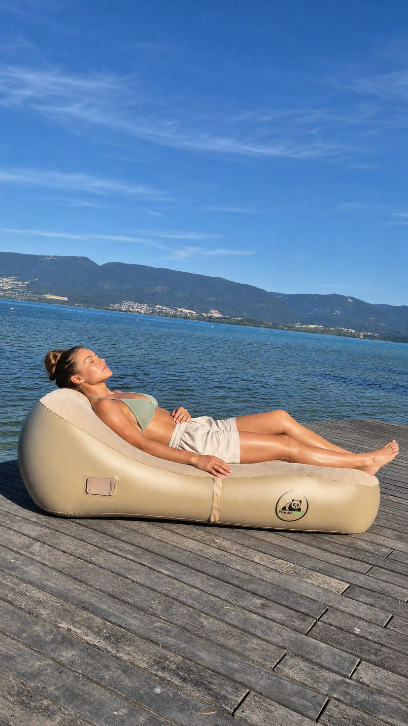 PandaRelax Air Lounger auf einem Holzsteg am See